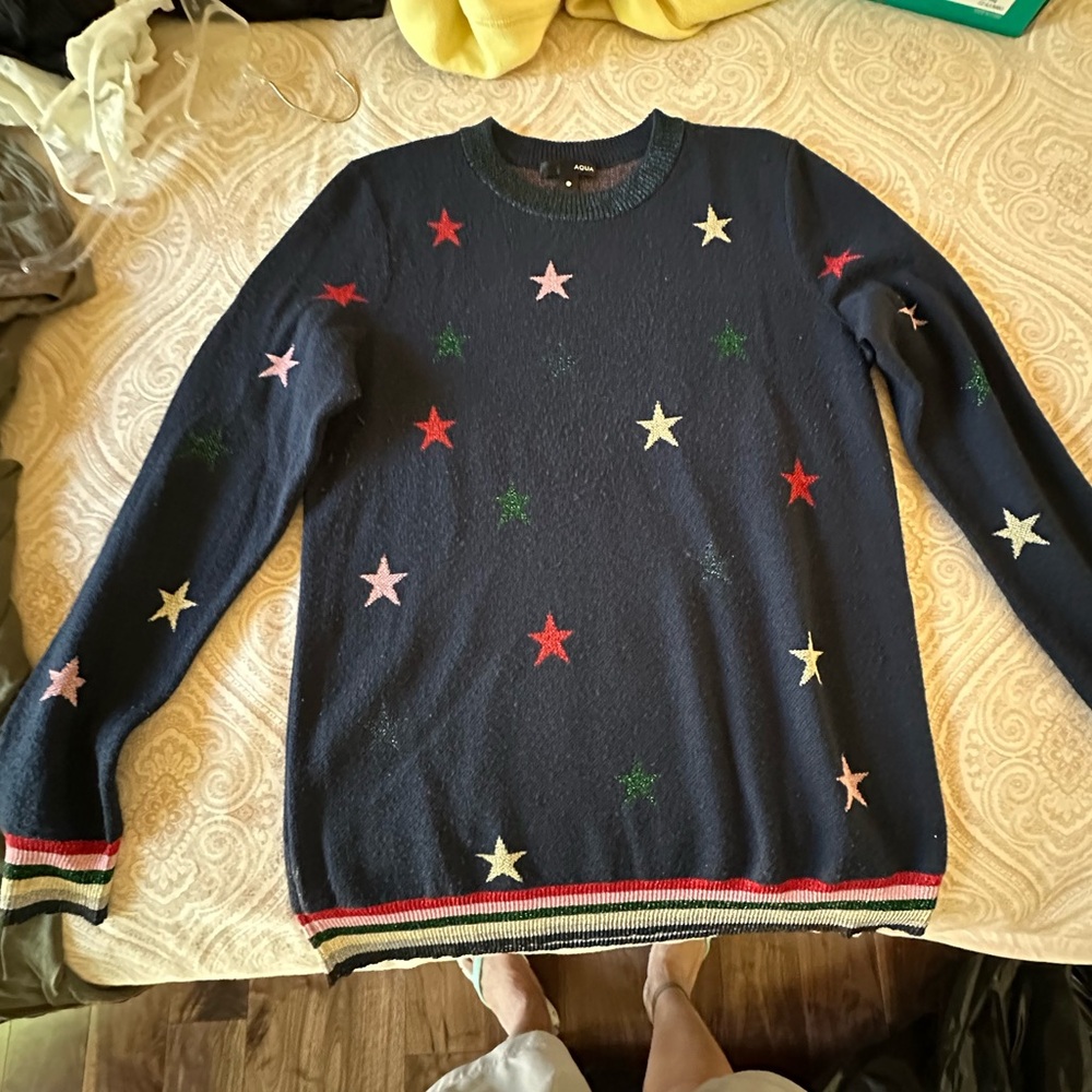 Aqua Navy Crewneck Sweater with Multicolor  Star Motif